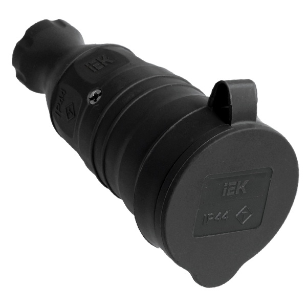 Розетка мобильная ИЭК Омега РБп13-1-0м 2Р+Р 16А каучуковая с крышкой черная IP44