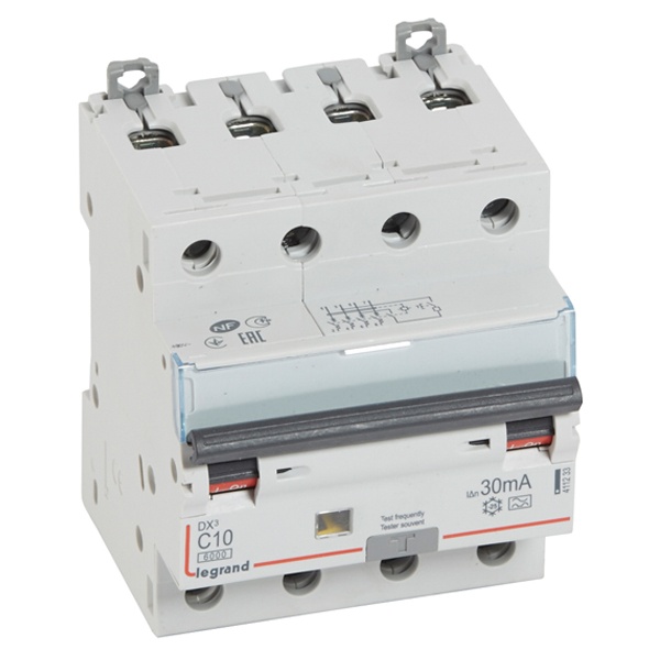 Дифференциальный автомат Legrand 4P C10A 30мА тип A трехфазный электромеханический 6кА DX3 (дифавтомат, АВДТ)