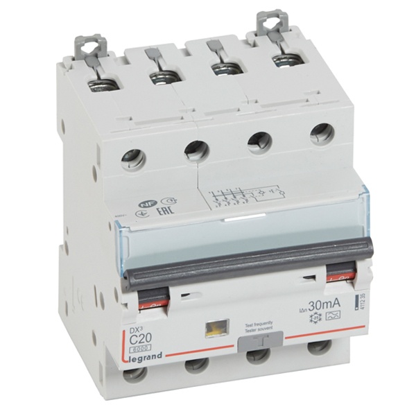Дифференциальный автомат Legrand 4P C20A 30мА тип A трехфазный электромеханический 6кА DX3 (дифавтомат, АВДТ)