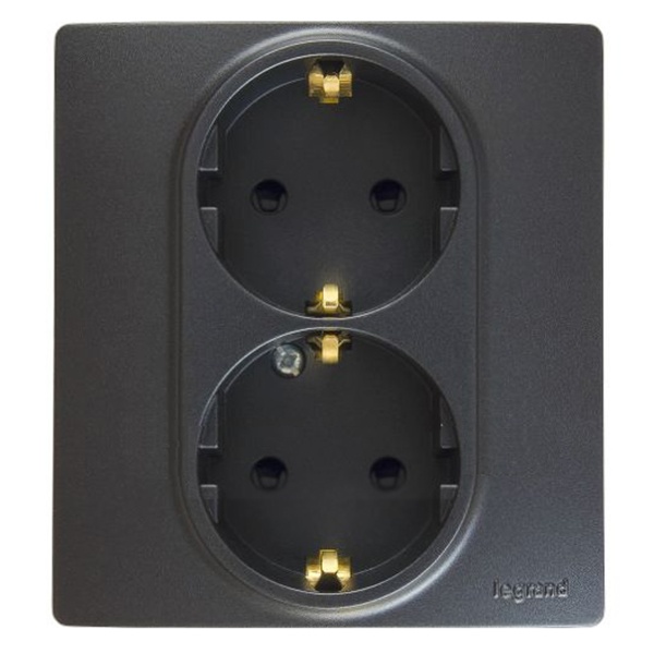 Розетка Legrand Etika Plus двойная с заземлением, самозажимные клеммы, антрацит