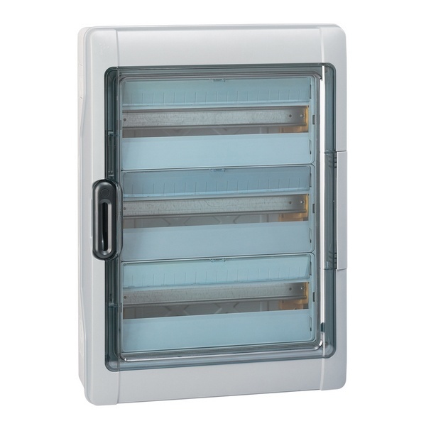 Шкаф накладной Plexo на 54 (3х18) модуля с шинами N+PE с прозрачной дверью IP65