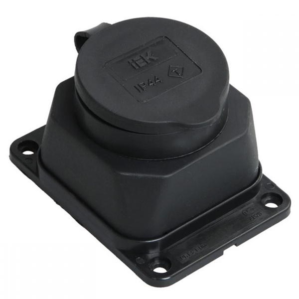 Розетка каучуковая настенная с крышкой ИЭК Омега РБ13-1-0м 2P+E 16А прямая IP44 черная