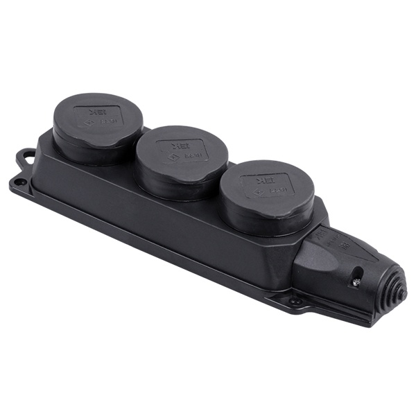 Розетка каучуковая тройная с крышками ИЭК Омега РБ33-1-0м 3х2P+E 16А каучук IP44 черная