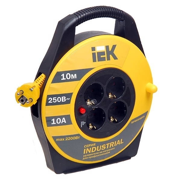 Удлинитель на барабане ИЭК Industrial 10м 3х1,0мм 10А 4 розетки с термозащитой