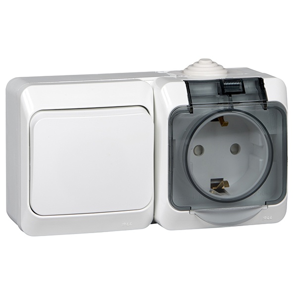 Блок выключатель одноклавишный + розетка с/з SE Этюд IP44 белый