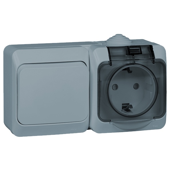 Блок выключатель одноклавишный + розетка с/з SE Этюд IP44 серый