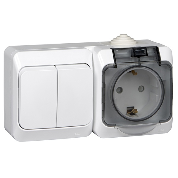 Блок выключатель двухклавишный + розетка с/з SE Этюд IP44 белый