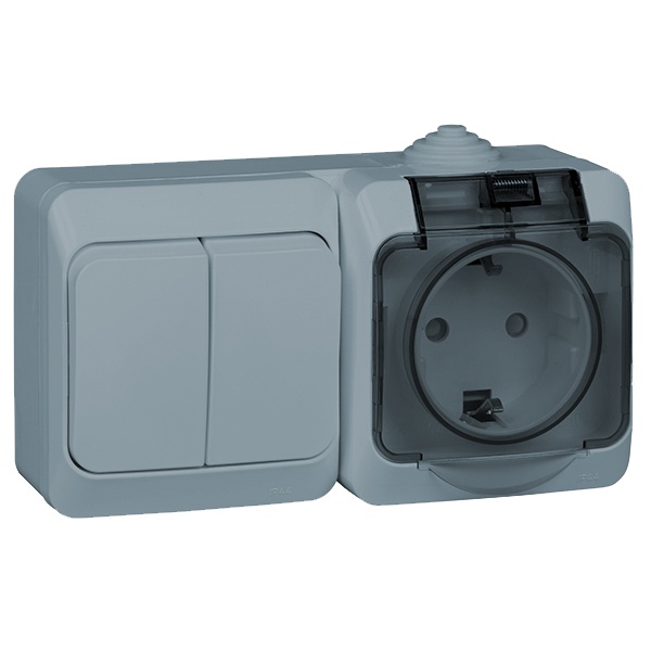 Блок выключатель двухклавишный + розетка с/з SE Этюд IP44 серый