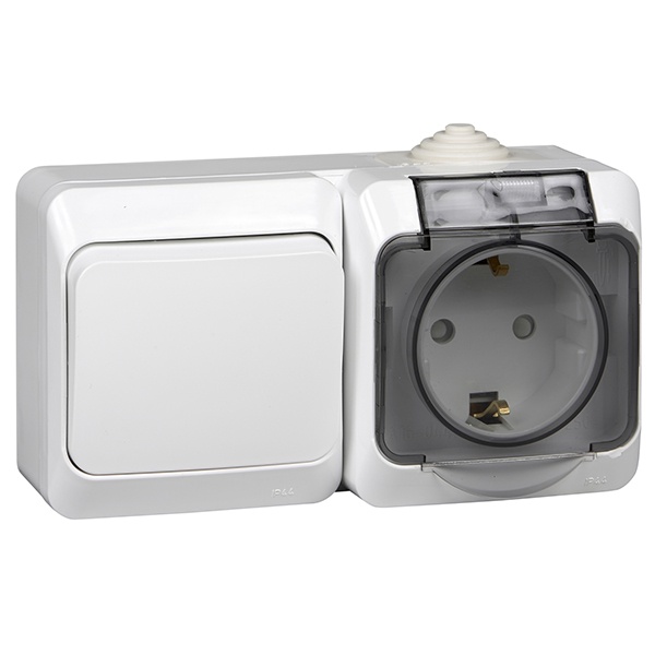 Блок переключатель одноклавишный + розетка с/з SE Этюд IP44 белый