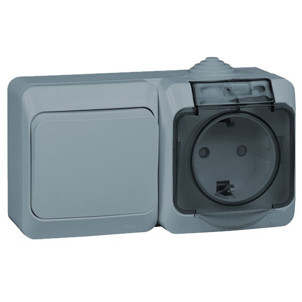 Блок переключатель одноклавишный + розетка с/з SE Этюд IP44 серый