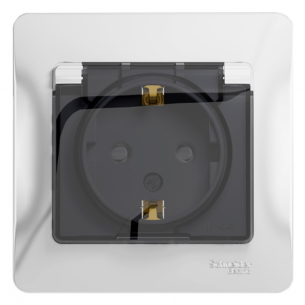 Розетка с заземлением со шторками с крышкой SE Glossa 16А IP44 в сборе, белый