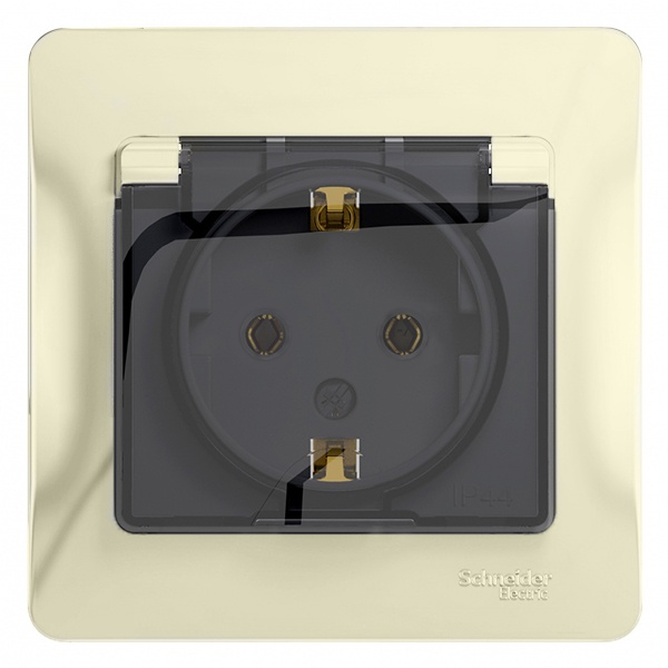 Розетка с заземлением со шторками с крышкой SE Glossa 16А IP20 в сборе, бежевый