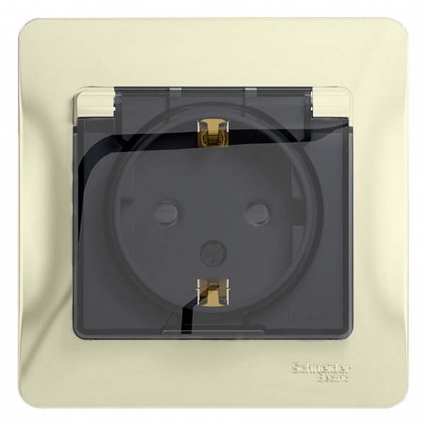 Розетка с заземлением со шторками с крышкой SE Glossa 16А IP44 в сборе, бежевый