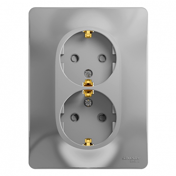 Розетка двойная с заземлением со шторками SE Glossa 16А в сборе, алюминий