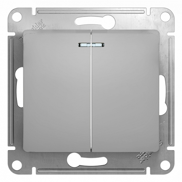 Двухклавишный выключатель с подсветкой SE Glossa 10A механизм, алюминий