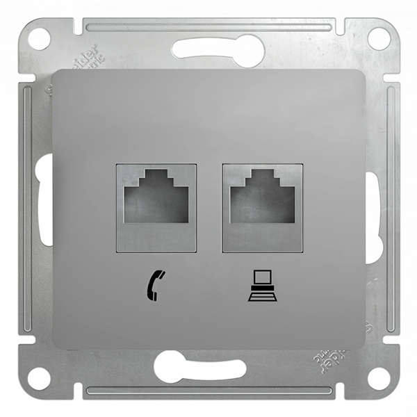 Розетка двойная SE Glossa RJ11+RJ45 кат.5E механизм, алюминий