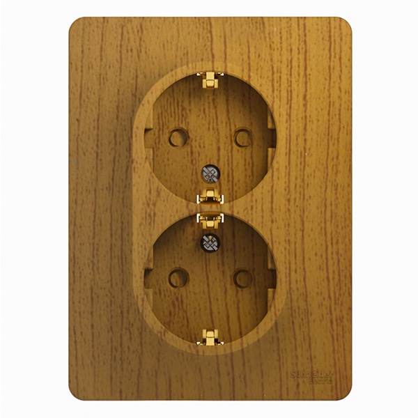 Розетка двойная с заземлением со шторками SE Glossa 16А в сборе, дерево дуб