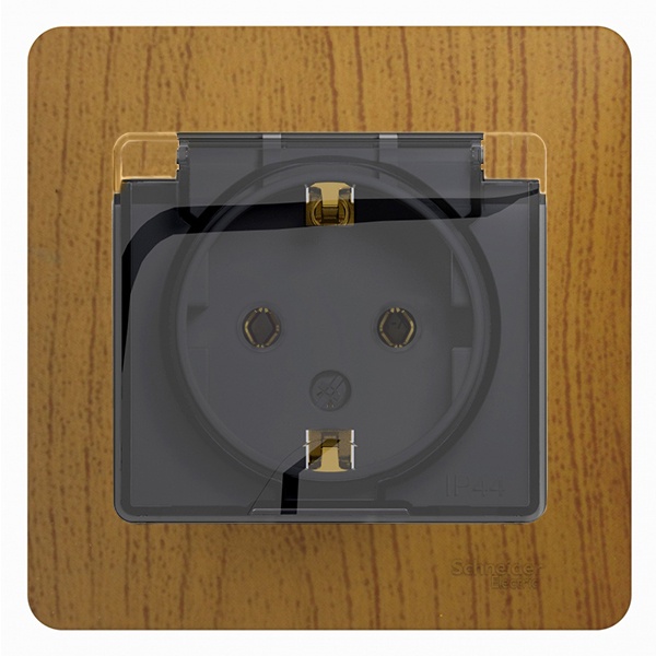 Розетка с заземлением со шторками с крышкой SE Glossa 16А IP20 в сборе, дерево дуб