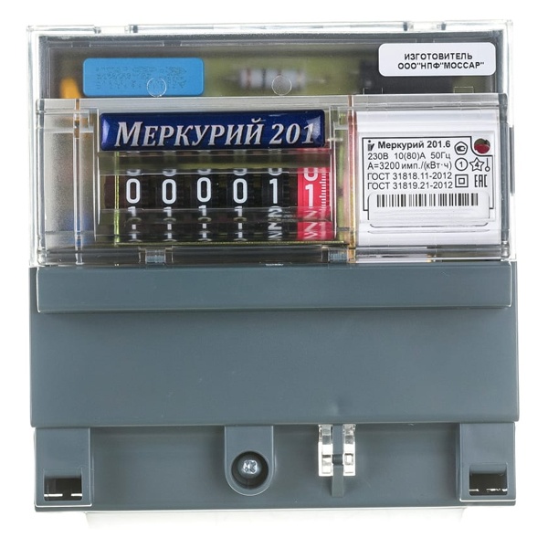 Электросчетчик Меркурий 201.6 10-80А/230В кл.т.1,0 однотарифный мех.