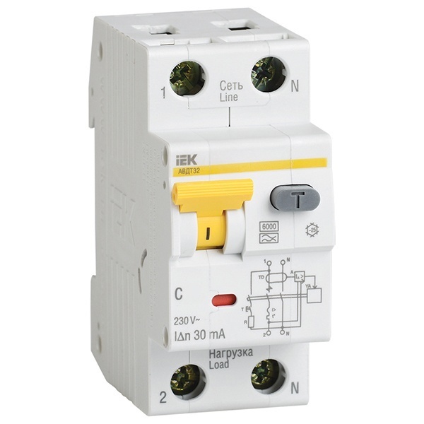 Дифференциальный автомат ИЭК АВДТ32 C20А 1П+Н 30мА тип А однофазный электронный 6кА (дифавтомат, АВДТ)