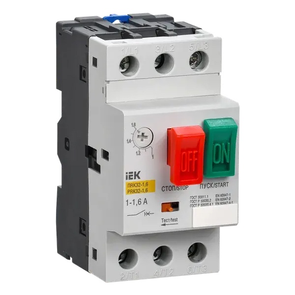 Пускатель ручной кнопочный ИЭК ПРК32-1,6 In1,6A Ir1-1,6A Ue 660В (автомат защиты двигателя)