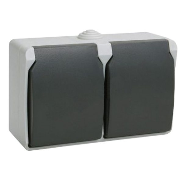 Розетка двухместная 2х2П+3 для открытой установки ИЭК ФОРС РС622-3-ФСр IP54 серый