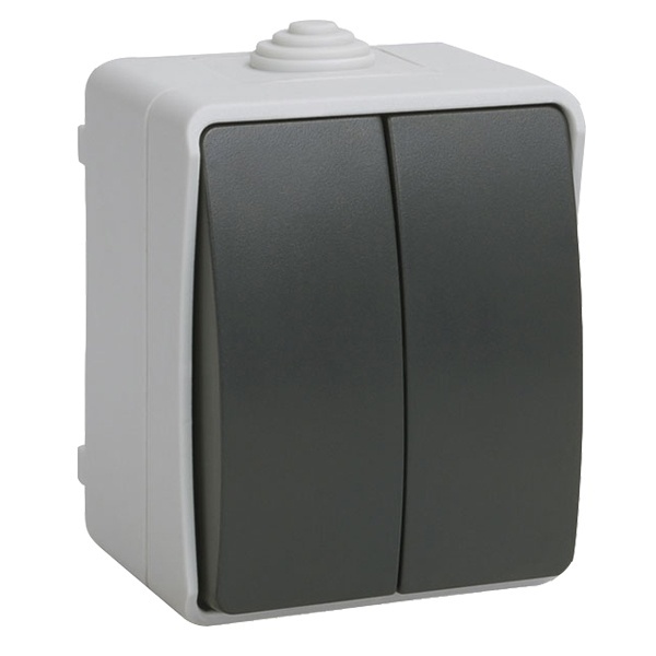 Выключатель двухклавишный для открытой установки ИЭК ФОРС ВС20-2-0-ФСр IP54 серый