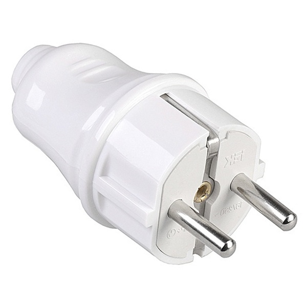 Вилка с заземлением ИЭК ВПп10-01-Ст 2P+E 16А прямая белая