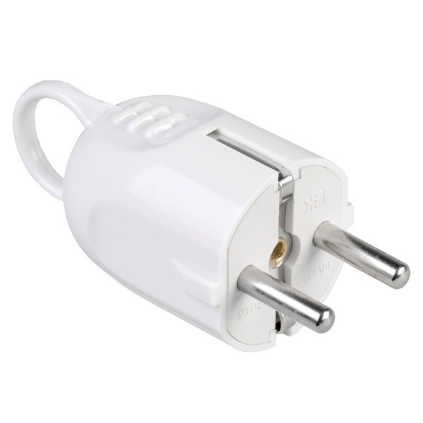 Вилка с заземлением ИЭК ВПу12-01-Ст 2P+E 16А угловая с кольцом белая