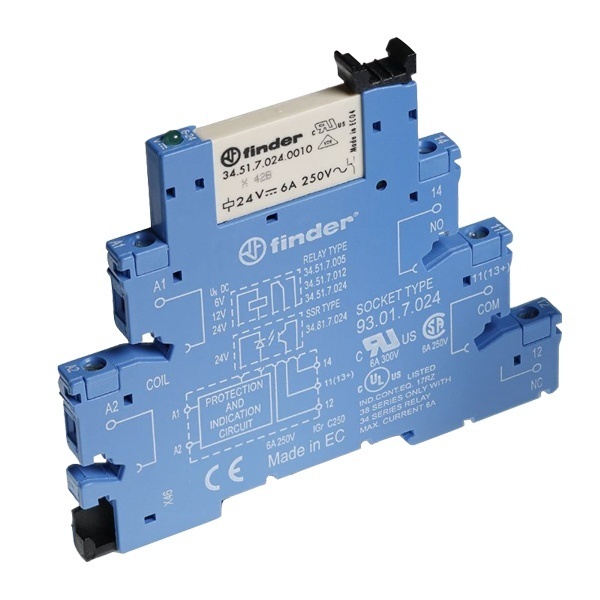 Интерфейсный модуль Finder (34.51.7.024.0010+93.51.7.024) 1СО 6A AgNi чувствительный 24В DC