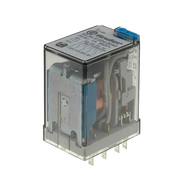 Миниатюрное реле Finder 4СО 7A AgNi 24В DC кнопка тест с блокировкой, индикатор