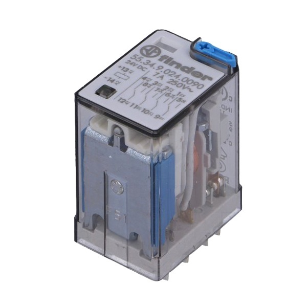 Миниатюрное реле Finder 4СО 7A AgNi 24В DC кнопка тест с блокировкой + LED + диод