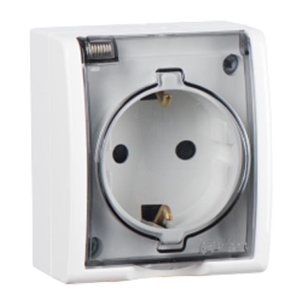 Розетка Simon 15 2П+3 со шторками с крышкой Aqua IP54 16А 250В белая