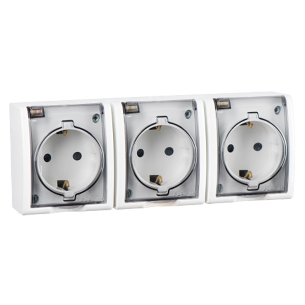 Розетка тройная Simon 15 3х2П+3 со шторками с крышкой Aqua IP54 16А 250В белая