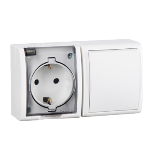 Блок розетка Simon 15 2П+3 16А 250В + выключатель 10А 250В Aqua IP54 белый