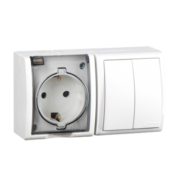 Блок розетка Simon 15 2П+3 16А 250В + двухклавишный выключатель 10А 250В Aqua IP54 белый