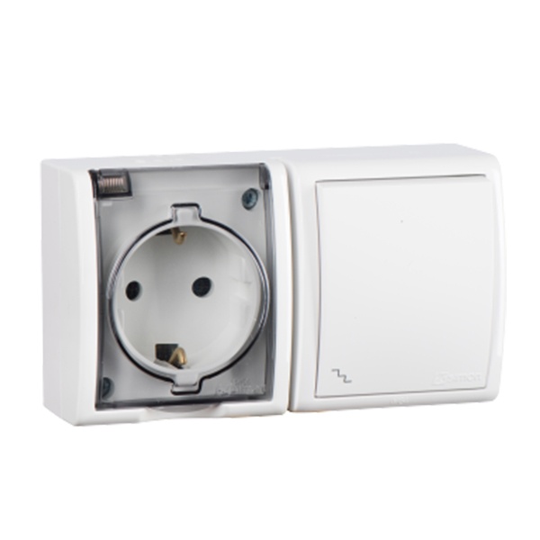 Блок розетка Simon 15 2П+3 16А 250В + проходной выключатель 10А 250В Aqua IP54 белый