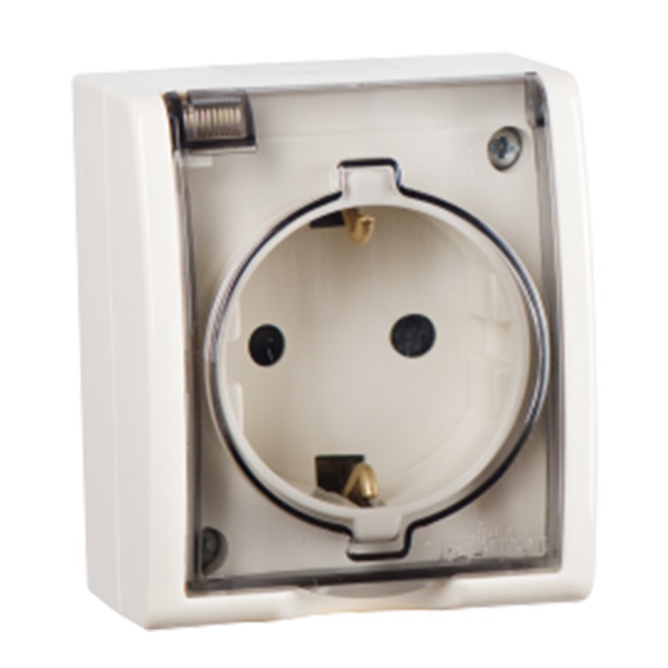 Розетка Simon 15 2П+3 со шторками с крышкой Aqua IP54 16А 250В слоновая кость (бежевый)