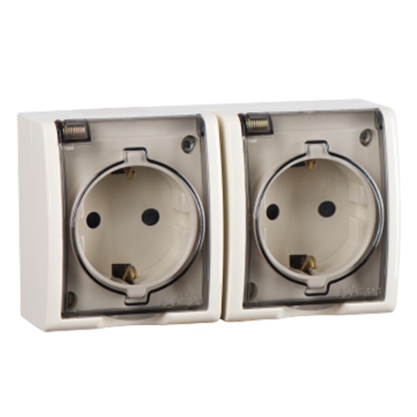 Розетка двойная Simon 15 2х2П+3 с крышкой Aqua IP54 16А 250В слоновая кость (бежевый)