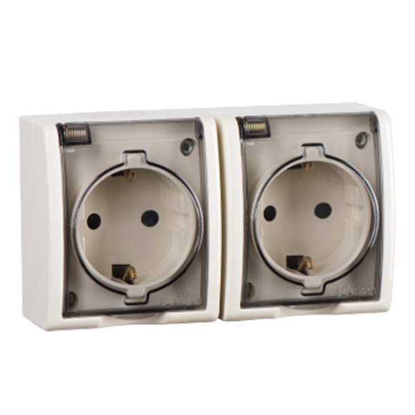 Розетка двойная Simon 15 2х2П+3 со шторками с крышкой Aqua IP54 16А 250В слоновая кость (бежевый)
