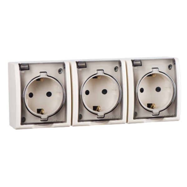Розетка тройная Simon 15 3х2П+3 со шторками с крышкой Aqua IP54 16А 250В слоновая кость (бежевый)