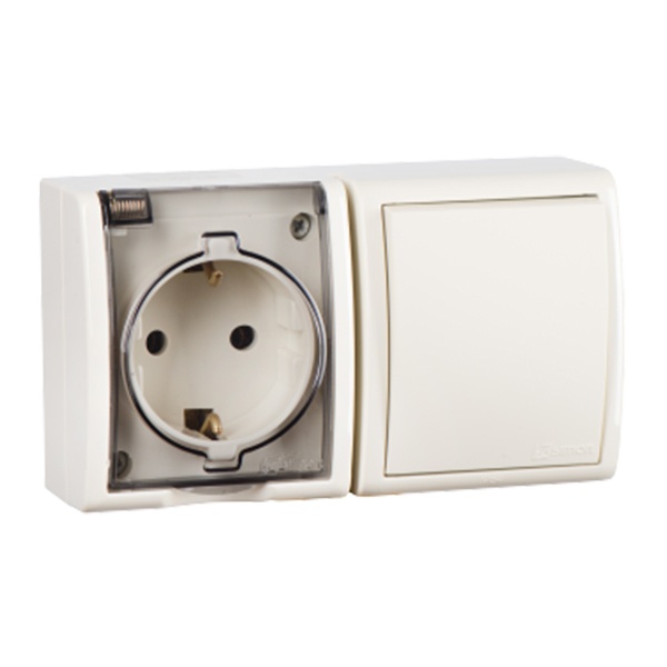 Блок розетка Simon 15 2П+3 16А 250В + выключатель 10А 250В Aqua IP54 слоновая кость (бежевый)