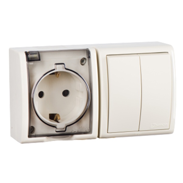 Блок розетка Simon 15 2П+3 16А+ двухклавишный выключатель 10А 250В Aqua IP54 слоновая кость (бежевый)