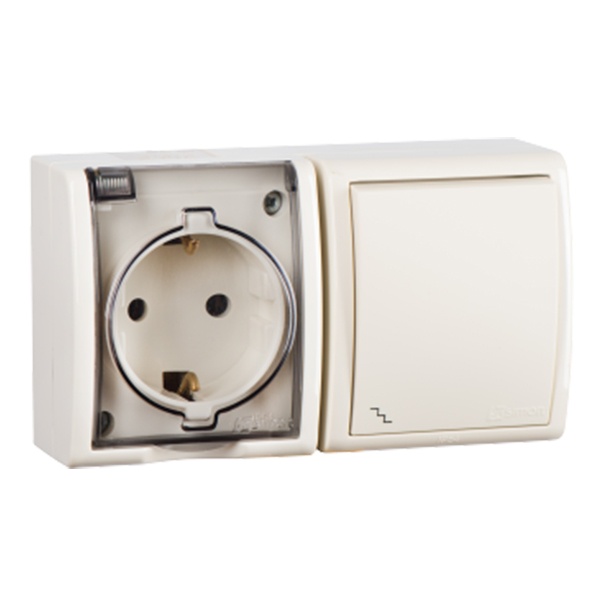 Блок розетка Simon 15 2П+3 16А+проходной выключатель 10А 250В Aqua IP54 слоновая кость (бежевый)