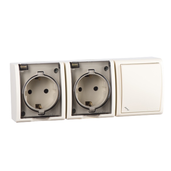 Блок розетка двойная Simon 15 2х2П+3 16А+проходной выключатель 10А 250В Aqua IP54 слон. кость