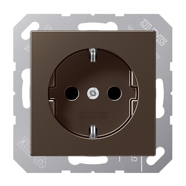 Розетка с заземлением Jung A автозажим с защитными шторками Мокко