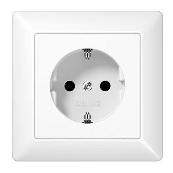 Розетка с заземлением Jung AS автозажим с защитными шторками с рамкой Белый