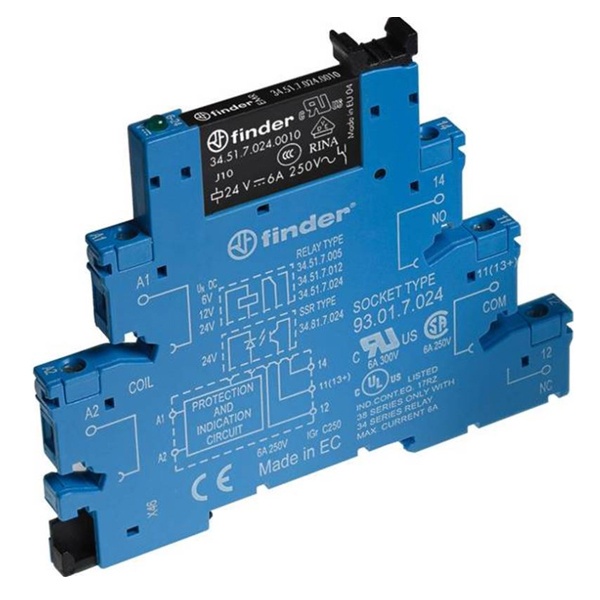 Интерфейсный модуль Finder (34.51.7.024.0010+93.01.0.024) 1CO 6А AgNi 24В AC/DC винтовые клеммы