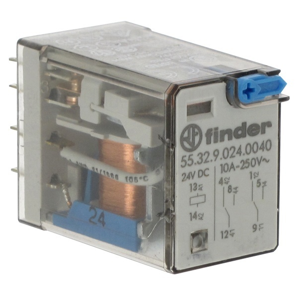 Миниатюрное реле Finder 2СО 10A AgNi 24В DC кнопка тест с блокировкой индикатор