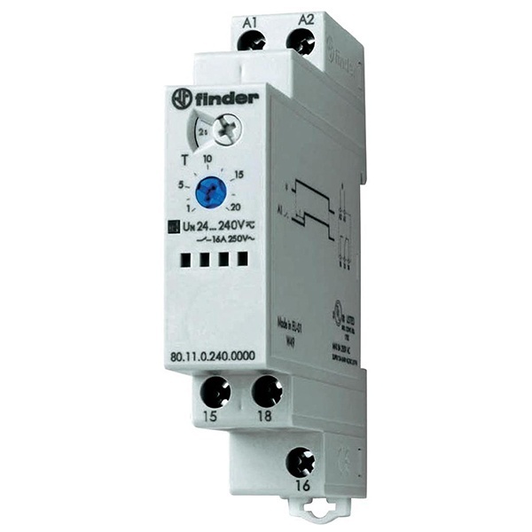 Модульное реле времени с задержкой включения Finder 16A 1CO 0.1с…24ч 24-240В AC/DC на DIN-рейку